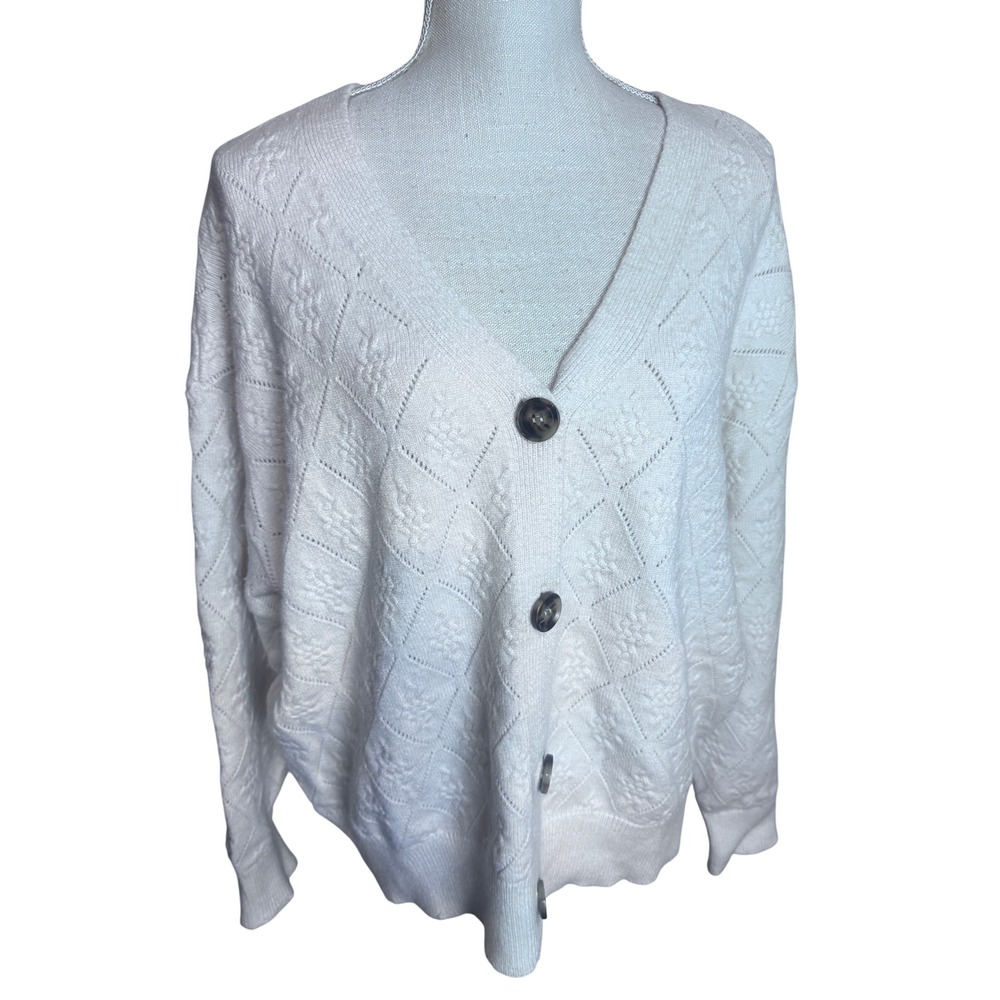Evolution by Cyrus Cream White Diamond Pointelle Knit Cardigan Sweater 1X